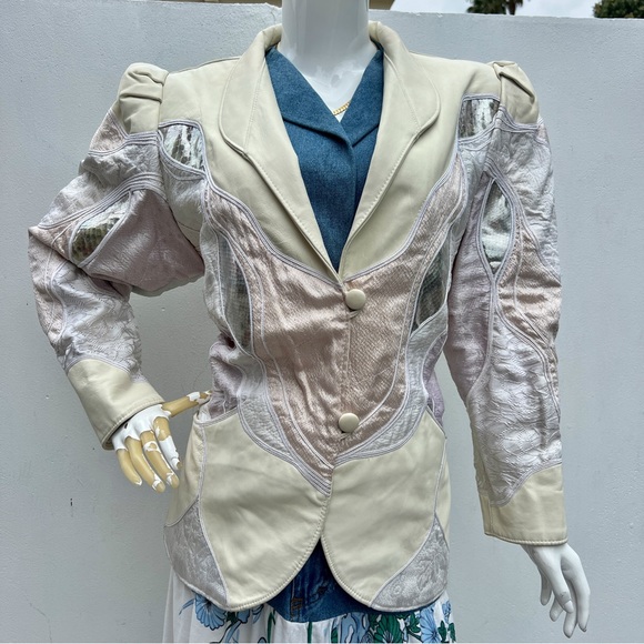 80s Cream & Silver Leather Patchwork Blazer Coat - Picture 1 of 14